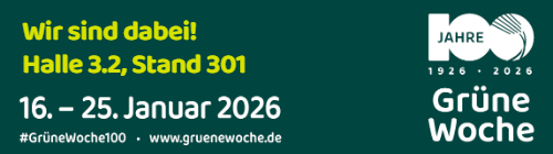 Grüne-Woche-Werbetafel mit Text zu Veranstaltung vom 16. bis 25. Januar 2026 in Halle 3.2, Stand 301, und Jubiläumslogo 100 Jahre 1926-2026