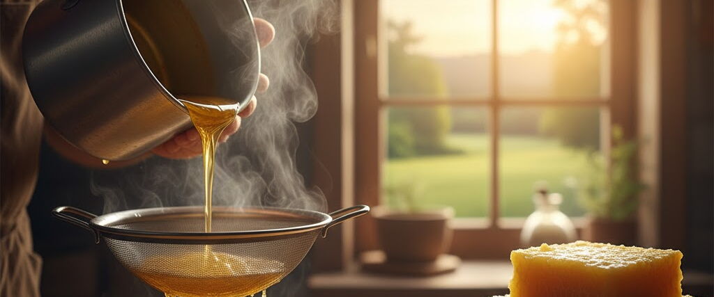 Nahaufnahme einer Person, die flüssiges Wachs durch ein Sieb in kleine Wachsformen gießt, mit dampfendem Wachs und gestapelten Wachsblöcken auf einem Holztisch vor einem Fenster