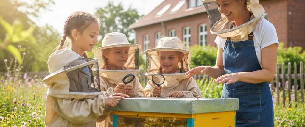 Vier Kinder in Imkeranzügen stehen um einen bunten Bienenstock mit Sichtfenster auf einer Blumenwiese, eine erwachsene Person in Schürze erklärt etwas